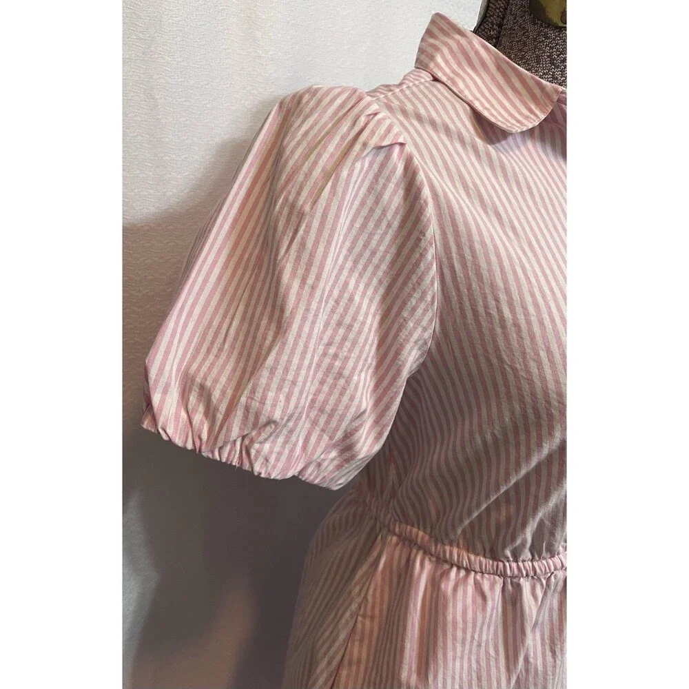 J Crew Puff Sleeve Stripe Mini Dress Womens 6 Pink Cottage Preppy Coastal Girly - Picture 6 of 9